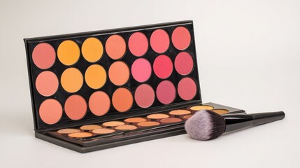 Palette of vibrant blushes and bronzers, arranged in a rainbow gradient, with a fluffy brush resting against it on a seamless white surface