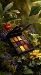 An eyeshadow palette sits amongst lush greenery, moss, and blooming wildflowers bathed in soft, diffused light. Rich earth tones abound