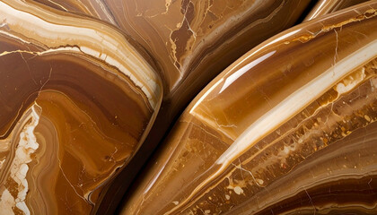 Close Up of Polished Brown and White Onyx Stone Texture with Swirling Patterns.