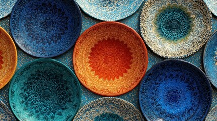 Colorful, patterned ceramic bowls arranged closely, featuring intricate designs and a textured background, creating an artistic and vibrant display