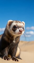 Close-up of a ferret, with rich brown and cream fur, sitting alertly on a sandy dune against a vibrant blue sky.
