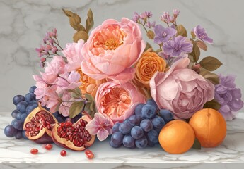 A still life arrangement of vibrant blossoms, fruits, and colorful details on a marble surface. Soft pastel tones and a delicate composition create a charming and serene mood.