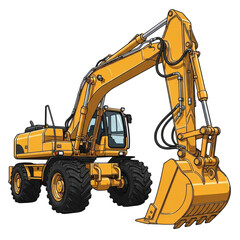 Yellow excavator isolated on transparent background, a powerful construction vehicle