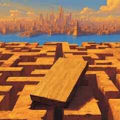 Maze forefront with a cityscape afar, a blue river dividing it. Block in front. Warm, orange tones. Dreamlike setting
