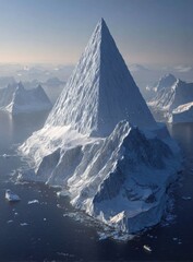 Towering, pyramidal iceberg majestically floats in frigid, open ocean waters, backed by hazy, snow-capped peaks under a pale, sunlit sky