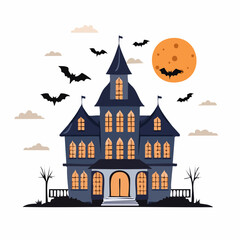 A spooky haunted mansion illustration with flying bats and a full orange moon, perfect for Halloween celebrations