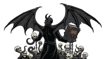 Demonic Figure with Wings Skulls and a Bound Grimoire in Hand.