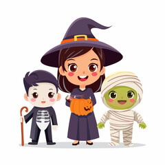Adorable Kids in Halloween Costumes Witch, Vampire, and Mummy