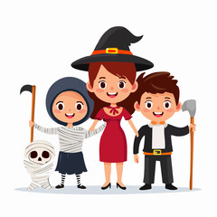 A delightful group of costumed characters, including a friendly witch, a playful mummy, and a spooky grim reaper, celebrating the festive spirit of Halloween with joy and excitement