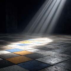 Sunbeams stream through a window onto a tiled floor in a dimly lit room, creating contrasting light and shadow patterns and a sense of mystery