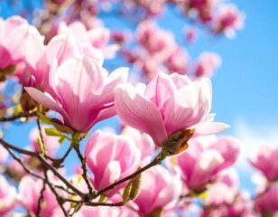 Obraz premium Pink magnolia blossoms against a bright blue sky