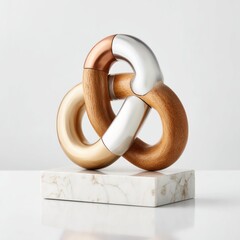 Complex geometric sculpture formed by interlocked wooden and metal bands on a marble base, set against a bright white background