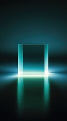 Translucent cyan cube resting on a shiny surface, emitting a soft, concentrated light, with a teal backdrop creating a serene, futuristic ambience