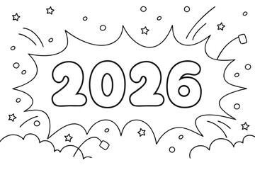 2026 New Year Celebration Comic Style Explosion Outline Art drawing