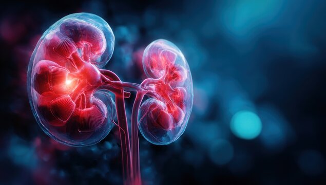Detailed medical illustration of human kidneys, showcasing internal structures with vibrant red highlights.