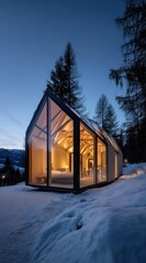 Modern glass-walled cabin on a snowy hill at dusk, interior aglow with warm light. Trees in the background, minimalist design