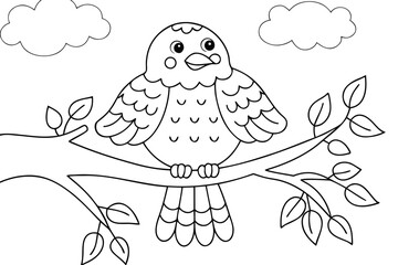 Cartoon Bird Sitting on a Tree Branch with Clouds Keywords: bird, cartoon, cute, outline, drawing, illustration, tree branch, leaves, clouds, sky