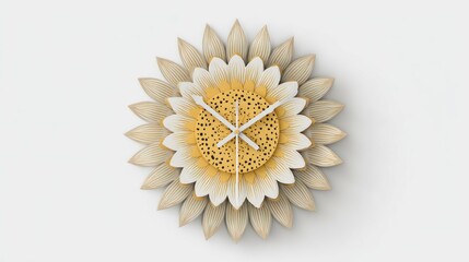 A sunflower-shaped clock with wooden petals and hands centered on a clean white background, casting a soft shadow