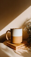 A two-toned ceramic mug rests on a small wooden block, bathed in warm sunlight and soft shadows, with greenery to the side
