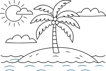 Cartoon Line Art of a Tropical Island with Palm Tree Sun and Clouds Keywords: island, palm tree, ocean, water, waves, sun, sky, clouds, tropical