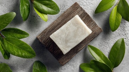 A creamy, handmade soap rests on rustic wood amidst verdant leafy sprigs. Natural textures create a serene, spa-like, inviting composition