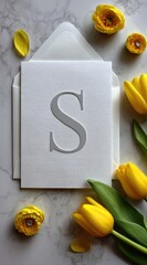 Letter 'S' embossed on a card resting on an envelope, amidst vibrant yellow tulips and buttercups, against a marble backdrop