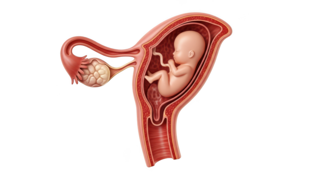 Illustration of a human fetus inside the uterus isolated on transparent background
