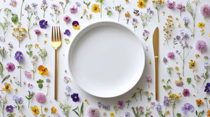 Dinner setup showcasing a central white plate, gold fork & knife. Surrounded by assorted colorful wildflower blossoms on bright white background