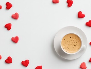 Heart-shaped candies scatter around a latte in a white cup on a saucer against a white background, leaving a center space blank