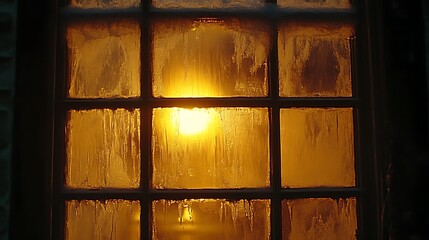 Frosty window pane, sunset