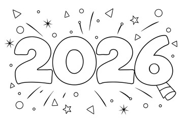 Festive 2026 New Year celebration text with confetti and fireworks line art numbers
