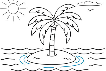 Simple Line Drawing of a Tropical Island with Palm Tree and Sun Keywords: island, palm tree, ocean, water, waves, sun, sky, cloud, bird, tropical