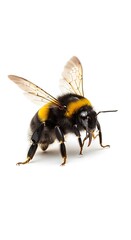 Detailed close-up of a vibrant bumblebee, wings outstretched, against a simple white background. Its black and yellow striped body, hairy texture, and delicate, translucent wings are clearly visible.
