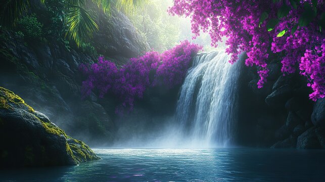 lush tropical waterfall cascading over dark volcanic rocks, vibrant purple bougainvillea flowers png