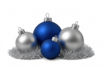 Christmas holiday decoration display with blue and silver ornaments and festive tinsel on transparent background