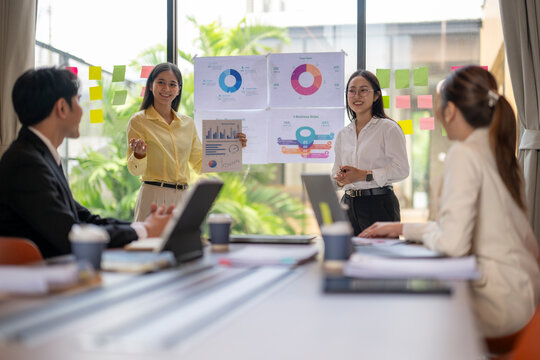 Businesswomen presenting business plan using charts and graph during meeting - Powered by Adobe
