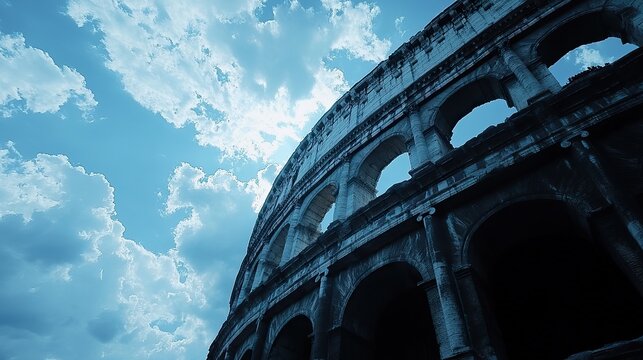 modern real photo of the colosseum in Rome, with blue sky and clouds, without people in the background, during the day