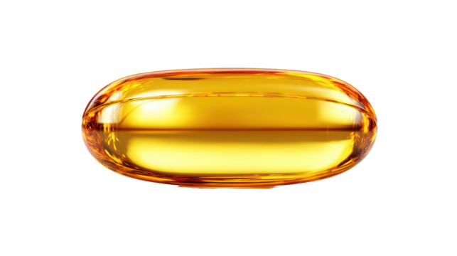 Golden oval capsule with liquid inside isolated on transparent background
