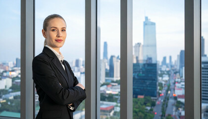 Confident businesswoman in a suit with arms crossed looking at camera.