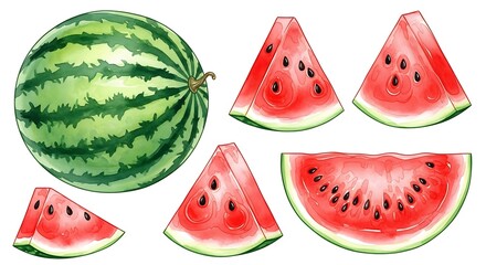 A vibrant watercolor illustration presents a whole watermelon and various slices, showcasing the fruit's characteristic red flesh and green rind, detailed with black seeds.