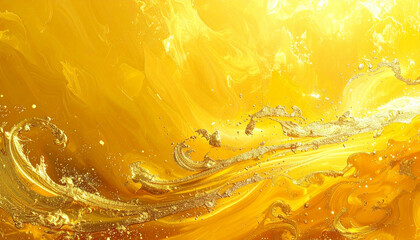 Golden Liquid Swirls Abstract Background with Bubbles and Light Reflections.