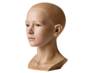 Bald mannequin head realistic female face neutral expression smooth skin light complexion isolated studio lighting beauty display hairdressing practice educational tool