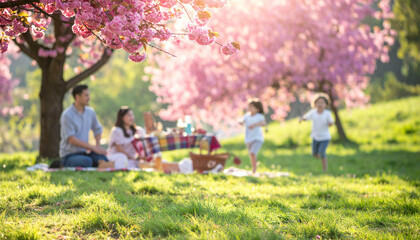 Family enjoying a picnic under blooming cherry trees in spring.