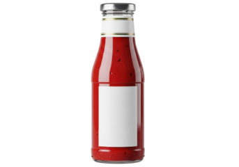 Bottle of red sauce with blank label isolated on transparent background