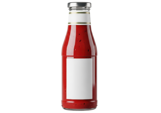 Bottle of red sauce with blank label isolated on transparent background