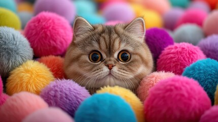 photo A fat cat with round head hiding in the middle of many plush balls. The image has a vibrant color scheme against a background, 