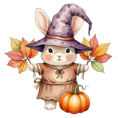 Cute bunny in witch hat holding autumn leaves and pumpkin isolated on transparent background