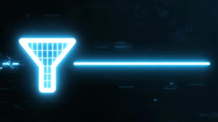 Animation of glowing blue filter icon on dark digital background with grid lines and data flow.