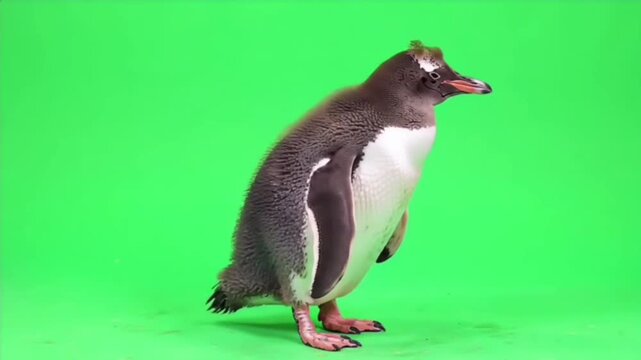 Full body shot of a cute Gentoo penguin standing still and looking sideways, isolated on a green screen chromakey background