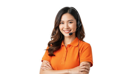 A smiling asian woman with dark wavy hair wearing an orange polo shirt and a headset isolated on transparent background